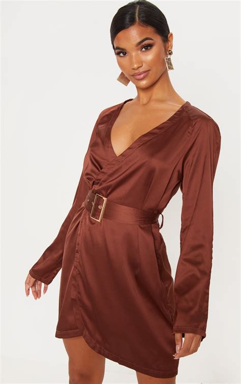 Chocolate Brown Satin Wrap Shift Dress Prettylittlething Aus