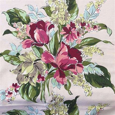 Vintage Fabric Floral Flower Linen 35” X 192” 5 Yards Pink Green Khaki