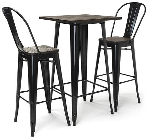 High Top Bar Table Set 3 Piece Wood And Metal Collection