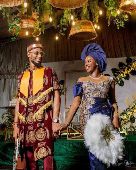 Complete Nigerian Wedding Couples Attire Bride Groom Full Aso Oke Set With Necklace And Lupon