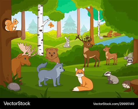 Various Cartoon Animals In Forest Royalty Free Vector Image