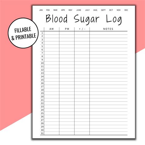 Editable Printable Blood Sugar Log Blood Sugar Reading Blood Glucose Tracker Diabetic Log