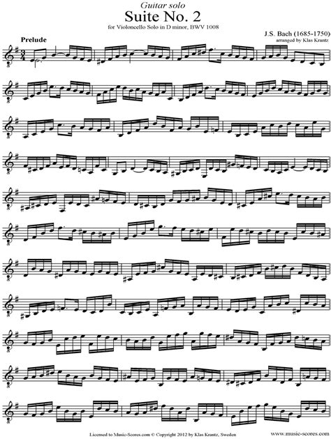 Bach Bwv 1008 Cello Suite No2 Guitar Classical Sheet Music