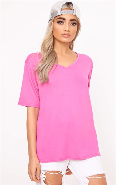 Basic Hot Pink V Neck T Shirt Tops Prettylittlething Uae