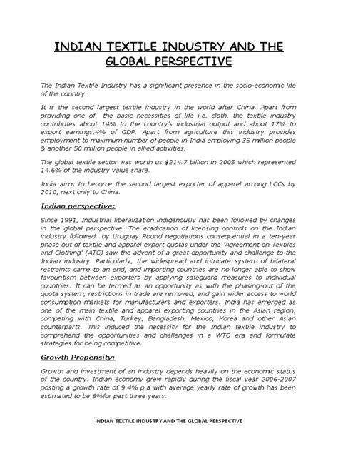 Indian Textile Industry And The Global Perspective Pdf Textile Industry Economic Growth