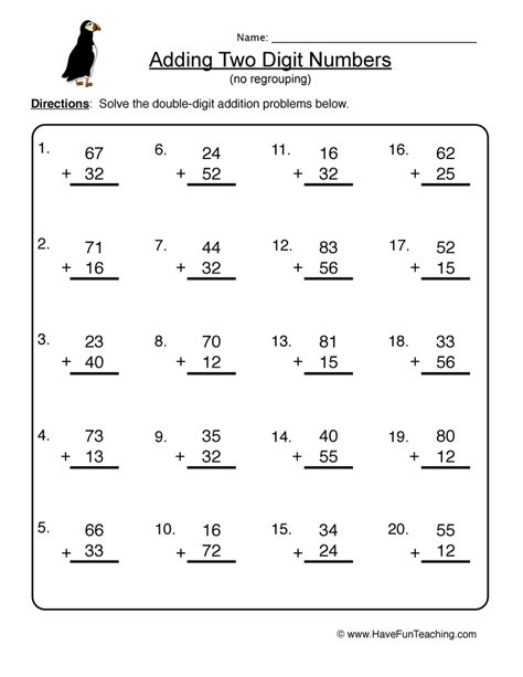 Adding 2 Digit Numbers No Regrouping Worksheets