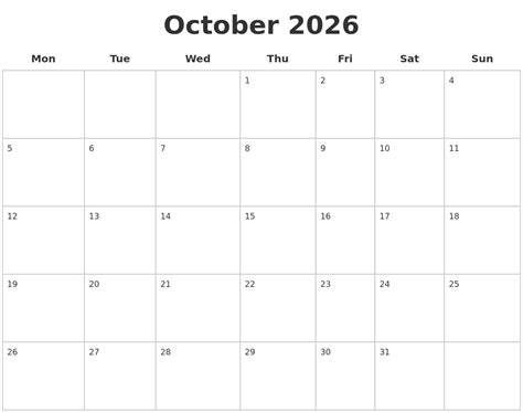 October 2026 Blank Calendar Pages