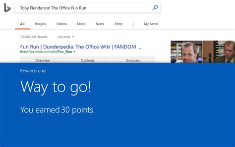 Microsoft rewards sees you earning points when you search, buy, complete activities or play xbox. Bing Rewards had an Office Quiz today : DunderMifflin