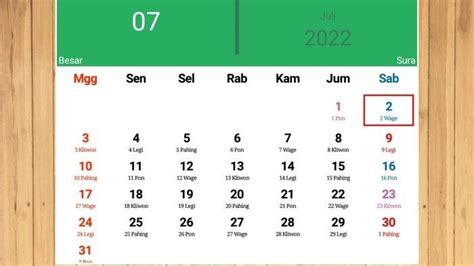 Kalender Jawa Hari Ini Bulan Juli 2022 Tanggal 5 Selasa Pahing