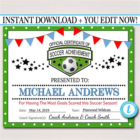 Editable Soccer Award Certificates Instant Download Team Etsy