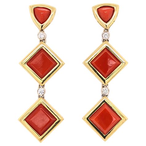Red Coral And Black Coral Drop Gold Earrings Estate Fine Jewelry For