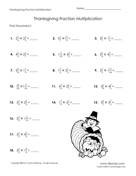 Thanksgiving Fraction Multiplication Worksheet For 5th 6th Grade