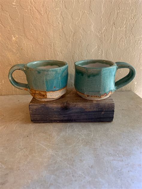 Pair Of Carved Matte Turquoise Espresso Cups Etsy
