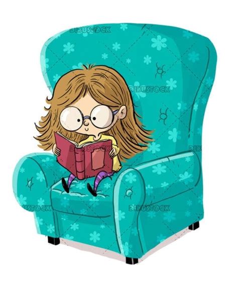 Niña con gafas leyendo un libro en un sillón Ilustraciones de Cuentos Infantiles Dibustock