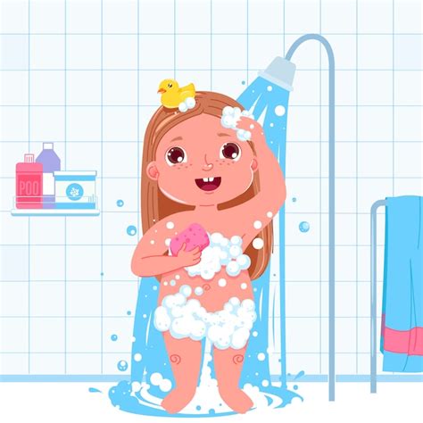 Personaje de niña de niño pequeño tomar una ducha rutina diaria fondo