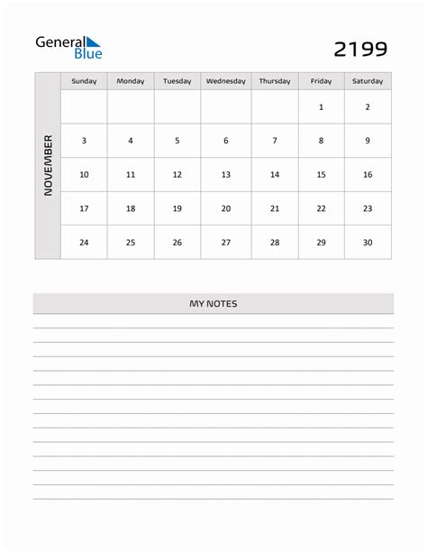 November 2199 Printable Monthly Calendar With Notes