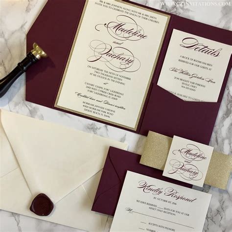 Burgundy And Gold Glitter Pocket Wedding Invitation — Cz Invitations