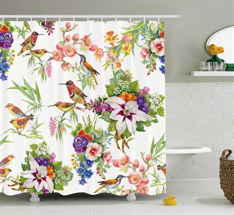 Floral Shower Curtain Watercolor Wild Exotic Mockingbirds And Spring