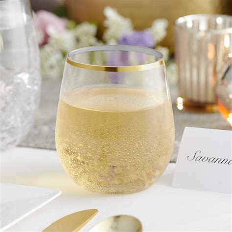 Gold Visions 12 Oz Clear Plastic Stemless Wine Glass With Gold Rim 16 Pack