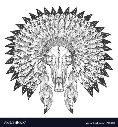Buffalo Skull Sketch With Feather Headdress Vector Image