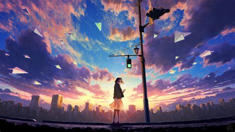 Anime Girl Sky Clouds Sunrise Scenery 4k 67 Wallpaper