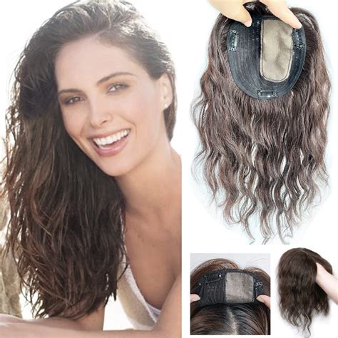 Icrab 14 Women Natural Wavy Human Hair Toppers Left Part Silktop 13x14cm Seamless