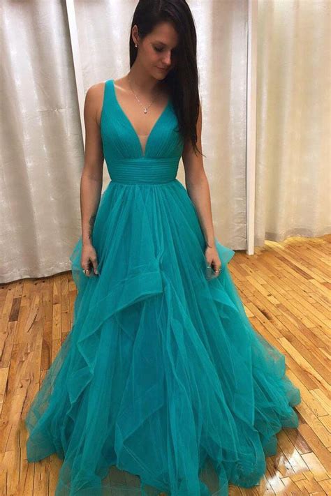 Teal Simple V Neck Long Prom Dresses With Straps And Ruffle Skirt
