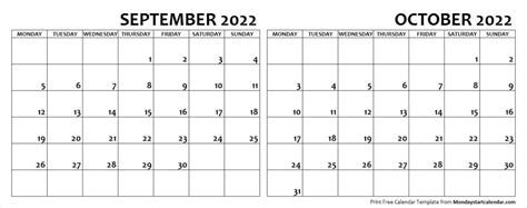 September October 2022 Calendar Monday Start Two Months Template