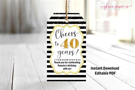 Cheers to 40 Years Tags Editable PDF 40th Birthday Favor | Etsy