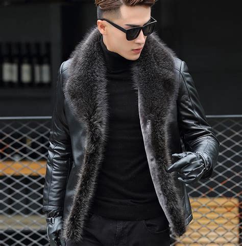 Men 100 Real Fur Collar Lamb Fur Lined Leather Coat Overcoat Parka Business Hot Ebay