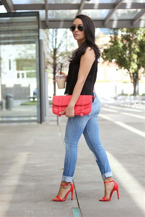 dressy black top with jeans and red heels outfits with red shoes high heeled shoe red shoes