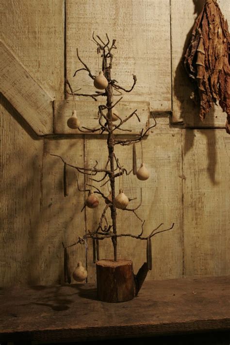 Cij Primitive Small Rustic Brown Wire Twig Tree With Gourds Primitive