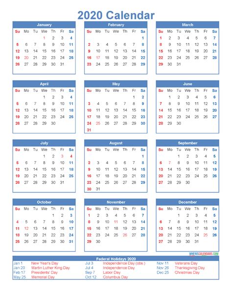 Free Printable 12 Month Calendar 2020 With Holidays Free Printable