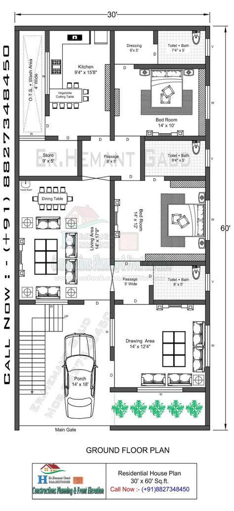 2bhk House Plan 30x60 Sqft