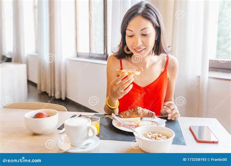 Woman Eating Breakfast In Hotel Buffet Stock Image Image Of Home