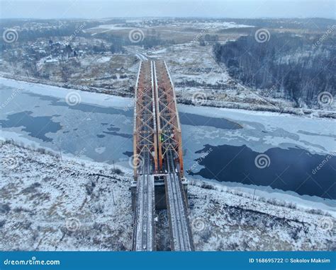 Aerial View Drone Shot Railway Bridge Over Freezing River Beautiful