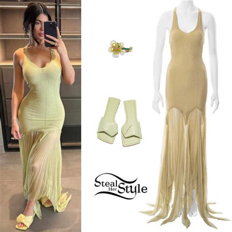 Kylie Jenner Yellow Ribbed Dress And Sandals Fashnfly