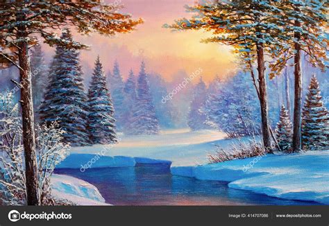 Winter Landscape River Original Oil Painting Stock Photo By ©sbelov