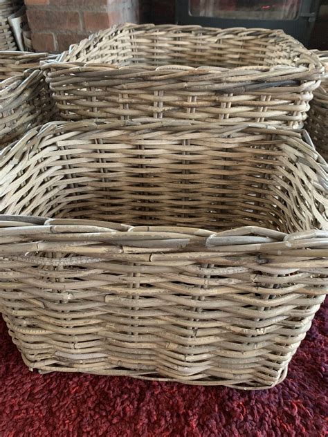 Wicker Log Storage Baskets Rectangular Basket Grey And Buff Rattan