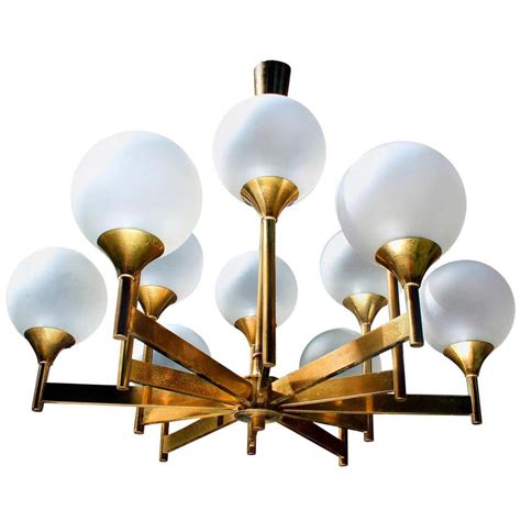 12 Glass Globes Brass Chandelier 1960s 1970s Lomomomo