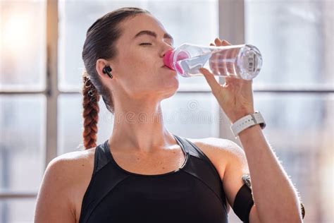 Fitness Drinking Water And Woman In Gym For Health Wellness Or
