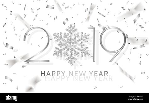 Happy New Year 2019 Silver Numbers With Ribbons And Confetti On A