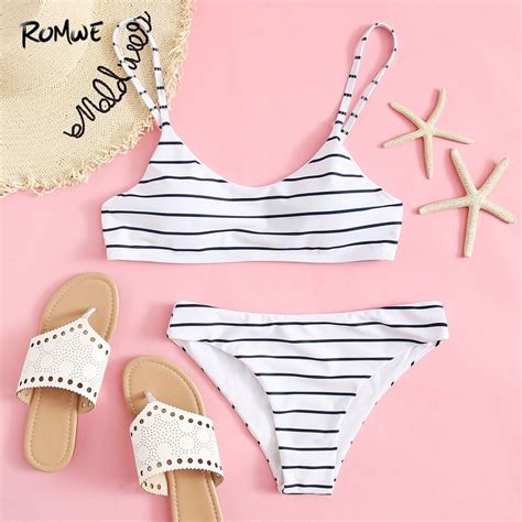 Romwe Sport Spaghetti Strap Striped Bikini Set 2018 Summer Women Beach Swimwear With Chest Pad