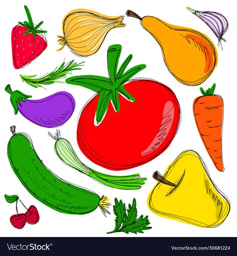 Coloured Freehand Drawing Fruits And Vegetables Vector Image