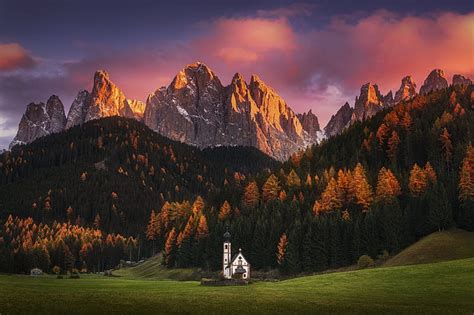 Val Di Funes South Tyrol Italy Sunset Trees Church Alps Clouds