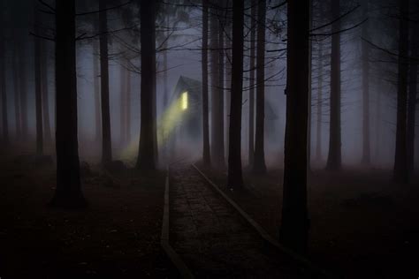 Dark Fairy Tale Fantasy Foggy Forest Haunted House Light Beam