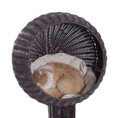 Pawhut 28 Hooded Rattan Wicker Round Elevated Condo Cat Bed With An