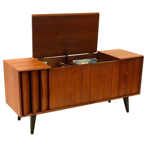 Striking Small American Midcentury Walnut Console Stereo Cabinet By
