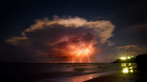 Wallpaper Storm Lightning Starry Night Beach Sky