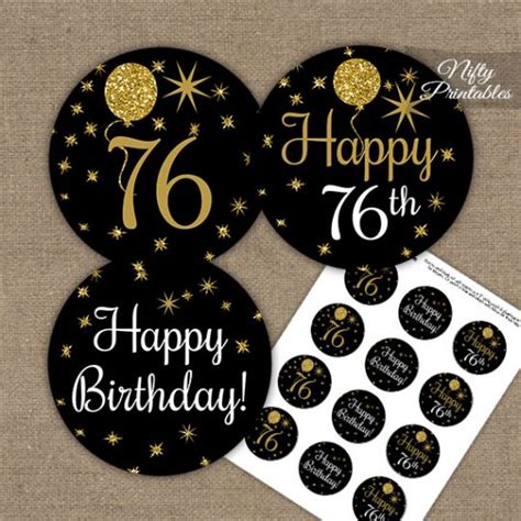 76th Birthday Cupcake Toppers Balloons Black Gold Nifty Printables